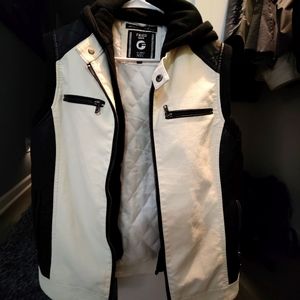 Black/White Leather Vest w/Hood